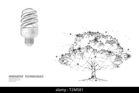 Fluorescent eco lamp tree save energy concept. Low poly 3D light bulb idea environment ecology solution. Nature planet power economy vector illustrati Stock Vector