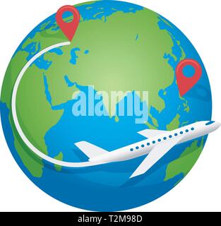 Airplane fly around the planet Earth. Vector logo icon Stock Vector