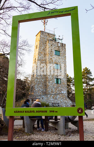 Huge photo frame in front of the Károly-kilátó (lookout tower) in Sopron Stock Photo