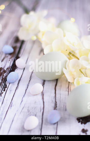 Natural colored Easter eggs, malt candy covered chocolate eggs, and flower blossoms over a rustic white wood table / background. Stock Photo