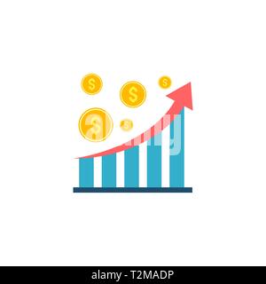 Statistic Chart with Coins. Statistic Chart with Dollar Coins Vector Flat Icon Isolated on White Background Stock Vector