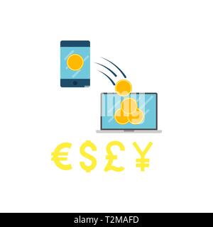 Transaction Concept. Transaction Concept with Coins and Different Currency Vector Flat Icon Isolated on White Background. Stock Vector