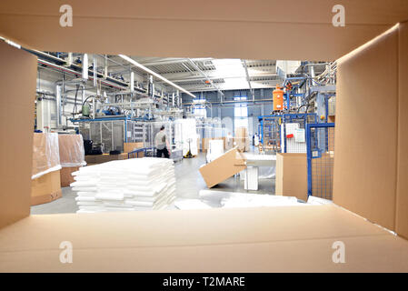 woman works in the shipping department of a company and packs styrofoam components into packages for the customer. Stock Photo