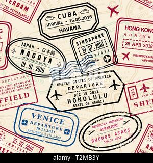 Passport stamps vector seamless pattern - travel stamp theme (fictitious stamps). Stock Vector