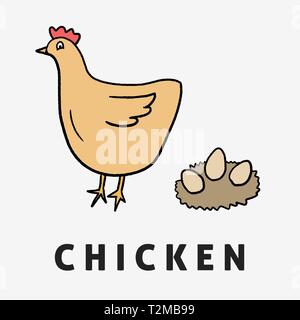 Cute Cartoon Vector Illustration of Chicken and Farm Rural Meadow ...
