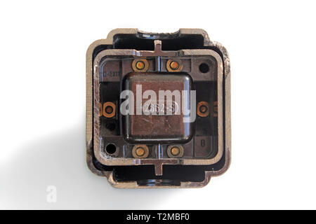 Antique switch on off bakelite back, isolated on white background, close-up Stock Photo