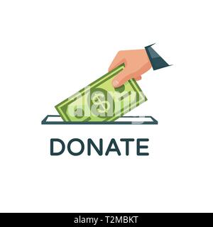 Donate money vector illustration. Charity, donation concept. Hand is putting a banknote into a donation box. eps10 Stock Vector