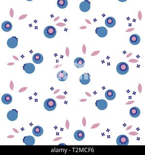 Blueberries seamless vector pattern on white background. Small blue berries floral fabric textile print background. Stock Vector