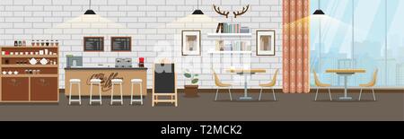 Empty cafe interior. Cofee shop Bar counter with high detailed flat and solid color style. Vector illustration Stock Vector