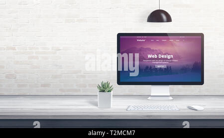 Modern theme on computer display. Professional studio concept with free space on wall for text. Stock Photo