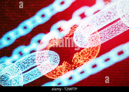 Disconnected, broken chain, digital block chain technology. Cryptocurrency, concept of digital code. Block chain concept. Low polygonal grid of triang Stock Photo