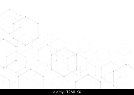 Abstract hexagonal molecular structures on white background with copy space. Stock Vector