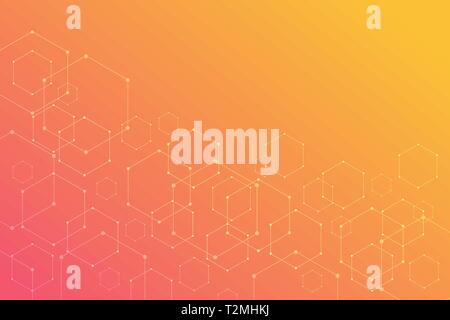 Abstract hexagonal molecular structures on orange background with copy space. Stock Vector