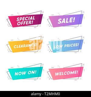 Flat linear promotion ribbon banner, scroll, price tag, sticker, badge. Stock Vector