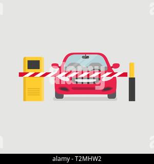 Parking entrance with security barrier gate and parking ticket machine. Stock Vector