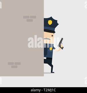 Police holding a gun behind the wall. Police officer and inspector cartoon. Stock Vector