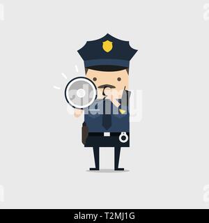 Police officer character in a blue uniform shouting using megaphone. Policeman character at work. Stock Vector