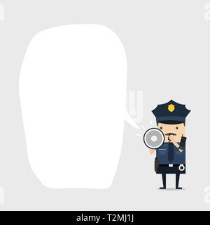 Police officer character in a blue uniform shouting using megaphone with balloon text. Policeman character at work. Stock Vector