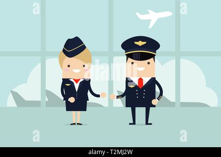 Professional aviation crew members. Crew of civil airplane in the airport building. Pilots and stewardesses welcome. Stock Vector