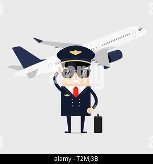 Profession pilot of aircraft. Man in uniform Standing in front of the plane. Stock Vector
