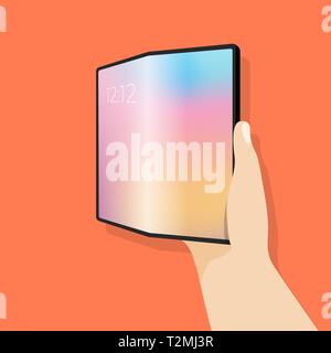 Foldable screen phone in hand. Smartphone with large screen and display is flexible to bend. Stock Vector