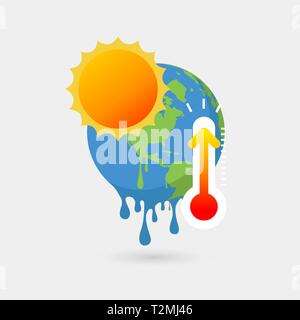 Earth melting with sun and thermometer, Global warming concept. Stock Vector