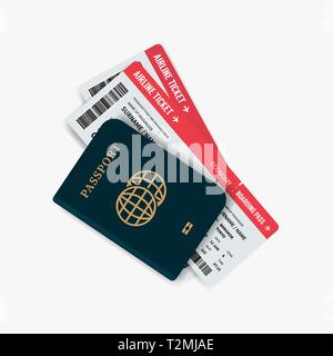 Airline tickets and passport. Passport with boarding passes tickets for traveling by plane. Stock Vector