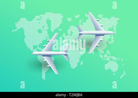 Planes over world map. Airlines top view. Airplane flying above world map. Stock Vector