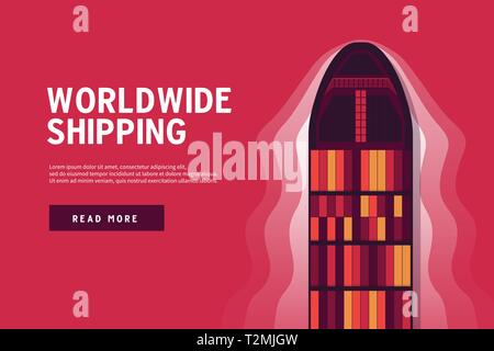 Top view of the industrial marine vessel at sea banner. Sea transportation logistic. Sea Freight. Maritime shipping. Merchant Marine. Cargo ship.Top v Stock Vector