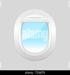 Airplane window inside view. Airplane windows with cloudy blue sky outside. Aircraft window template. Stock Vector