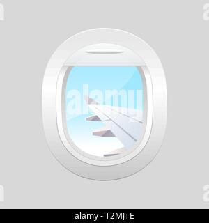 View from airplane. Window plane. Airplane windows with cloudy blue sky outside. Stock Vector