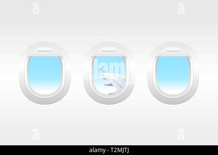 Airplane window inside view. Airplane windows with cloudy blue sky outside. Aircraft window template. Stock Vector