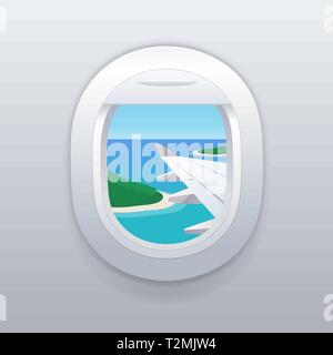 View from airplane window. Vacation destinations. Tropical beach. Stock Vector