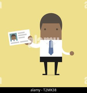 African businessman holding id card in flat style. Stock Vector