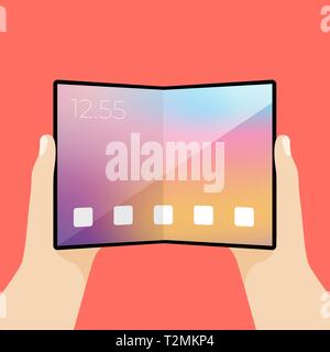 Foldable screen phone in hand. Smartphone with large screen and display is flexible to bend. Stock Vector