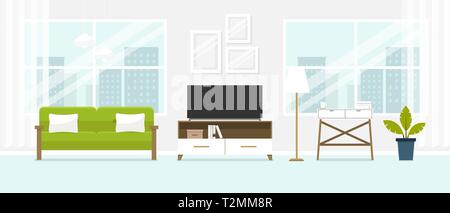 Interior of the living room. Design of a cozy room with sofa, TV stand, window and decor accessories. Stock Vector