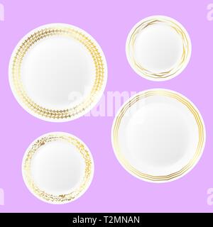 Set of Ceramic Plate with Gold Yellow Border Isolated on Pink Background Stock Vector
