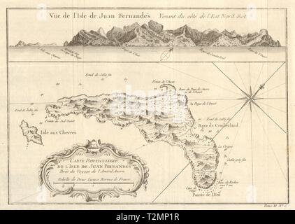 Isla Robinson Crusoe island plan/profile, Juan Fernandez, Chile. BELLIN 1753 map Stock Photo