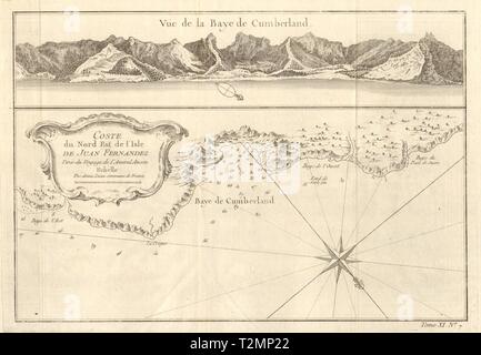 San Juan Bautista, Isla Robinson Crusoe, Juan Fernandez, Chile. BELLIN 1753 map Stock Photo