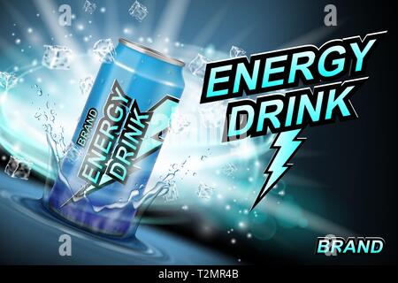 Energy drink label ads with ice cubes and splash on dark. Realistic package lightning design, energy drink for poster or banner. Vector 3d Stock Vector