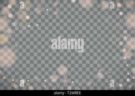 Light abstract glowing bokeh lights. Bokeh lights effect isolated on transparent background. Festive purple and golden luminous background. Christmas  Stock Vector