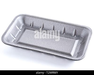 Black empty food tray. Black disposable styrofoam isolated on white background Stock Photo