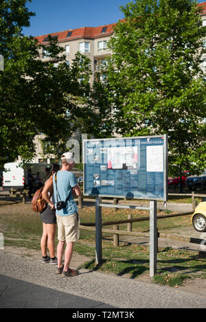 Berlin. Germany. Tourists visiting the site of Hitler's bunker (Führerbunker), where Adolf Hitler and Eva Braun comitted suicide in 1945, located at I Stock Photo