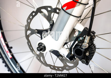 Hydraulic front disc brake on mountain bike. Isolated on a white background. High resolution full frame Stock Photo Alamy