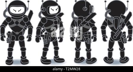 Alien spaceman turnaround; front,3/4 side, 3/4 back and back views Stock Vector