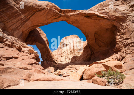 Double Arches in Arches National Park, USA. This double arches is located at the eastern part of Arches National Park near Turret Arches and Window Ar Stock Photo