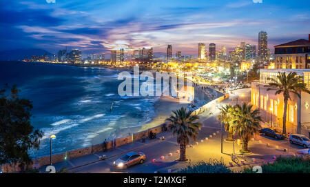 Panoramic view of Tel Aviv at blue time, Israel Stock Photo