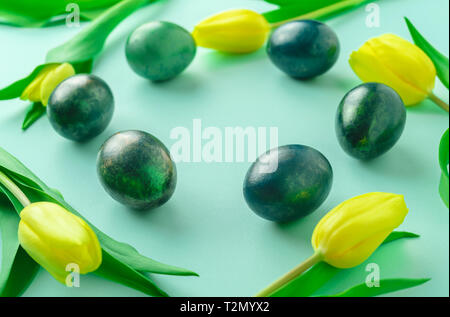 Beautiful spring concept with Easter eggs and yellow tulips in circle on turquiose blue background. Stock Photo