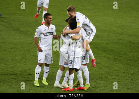 Swansea, UK. 02nd Apr, 2019. Nathan Dyer of Swansea city Credit: celebrates with his teammates after he scores his teams 2nd goal.EFL Skybet championship match, Swansea city v Brentford at the Liberty Stadium in Swansea, South Wales on Tuesday 2nd April 2019. this image may only be used for Editorial purposes. Editorial use only, license required for commercial use. No use in betting, games or a single club/league/player publications. pic by Andrew Orchard/Andrew Orchard sports photography/Alamy Live News Stock Photo
