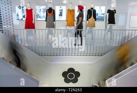 V&A, London, UK. 3 April, 2019. The first international retrospective on the iconic fashion designer Dame Mary Quant explores 1955 to 1975, when Quant revolutionised the high street. Garments on display include a selection from Dame Mary Quant’s Archive, as well as the V&A’s extensive fashion holdings containing the largest public collection of Quant garments in the world. The exhibition also includes rare garments from the public that have come through a public call-out. Credit: Malcolm Park/Alamy Live News. Stock Photo